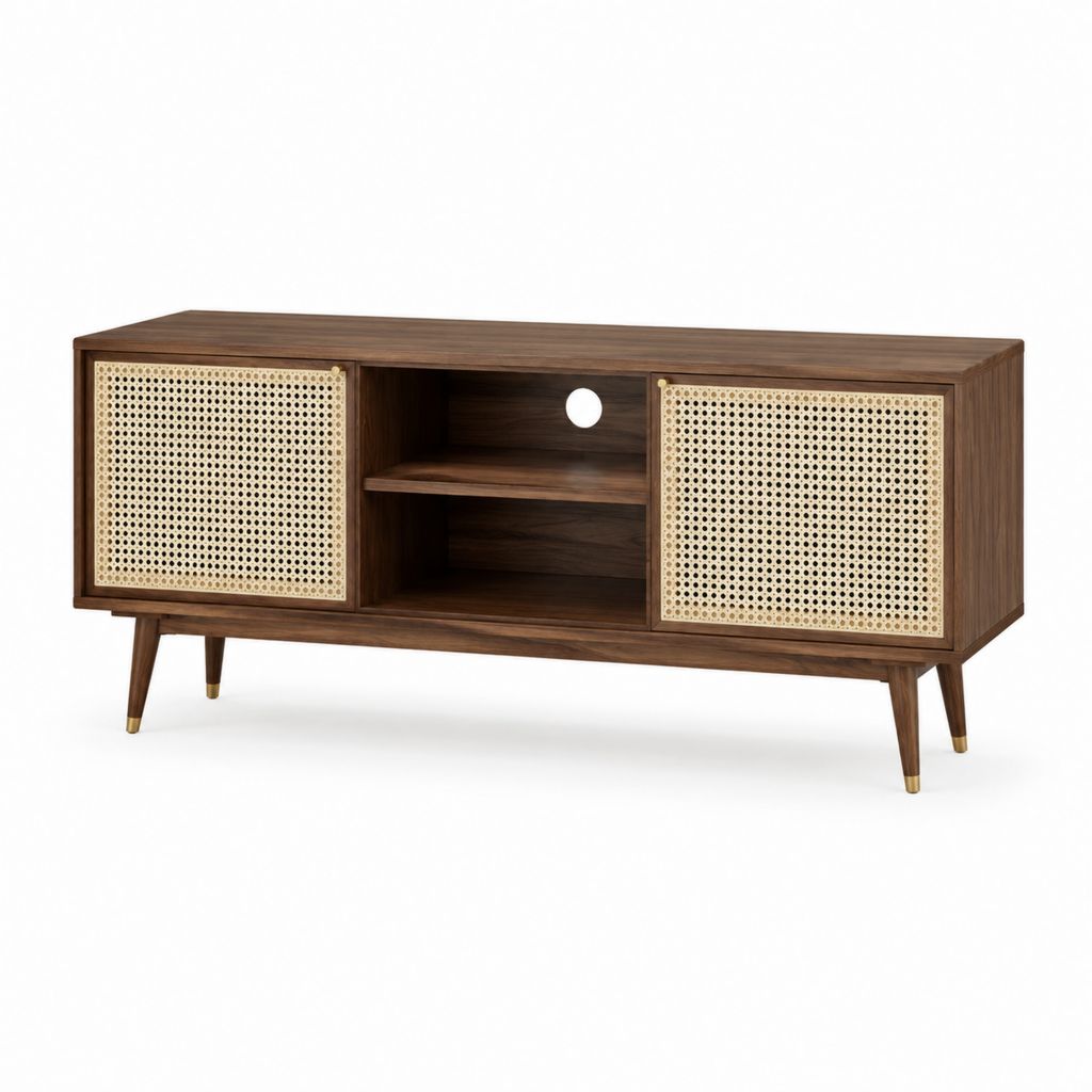 Meuble TV 140 x 40 x 60 cm noyer et rotin naturel avec 2 portes et passe-câble