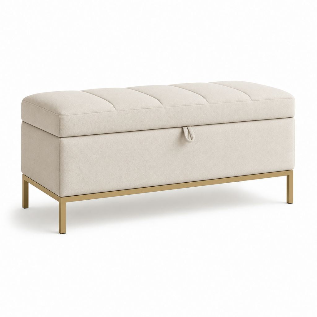 Banc de lit avec rangement beige en polyester et acier doré 100 x 40 x 45 cm