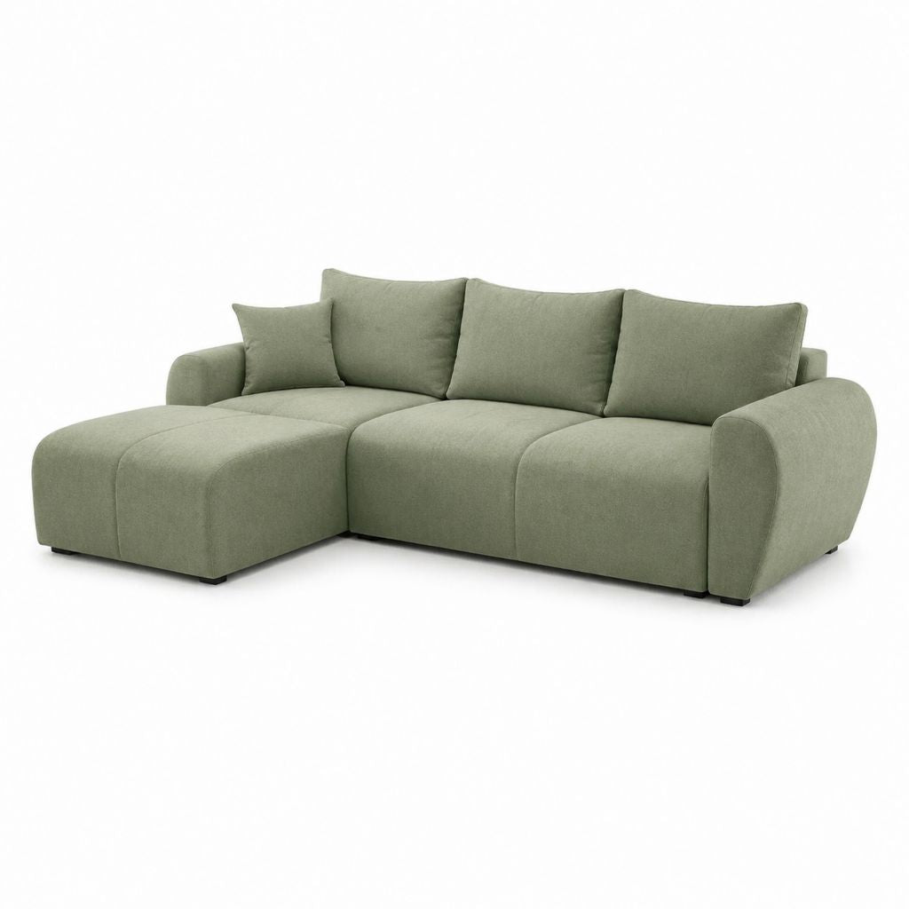 Canapé d’angle gauche 3 places vert sauge en polyester avec méridienne 250 x 160 x 85 cm