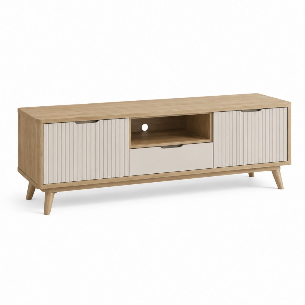 Meuble TV rectangulaire chêne clair et crème en panneaux de particules 160 x 40 x 55 cm