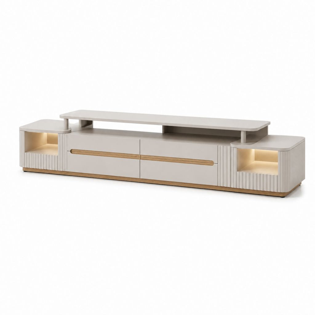 Meuble TV 200 cm blanc cassé en panneaux MDF avec rangements et éclairage LED
