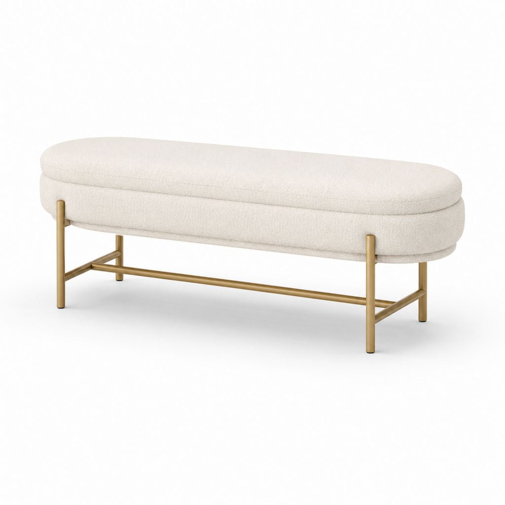Banc de bout de lit ovale beige en polyester et acier 120 x 45 x 46 cm