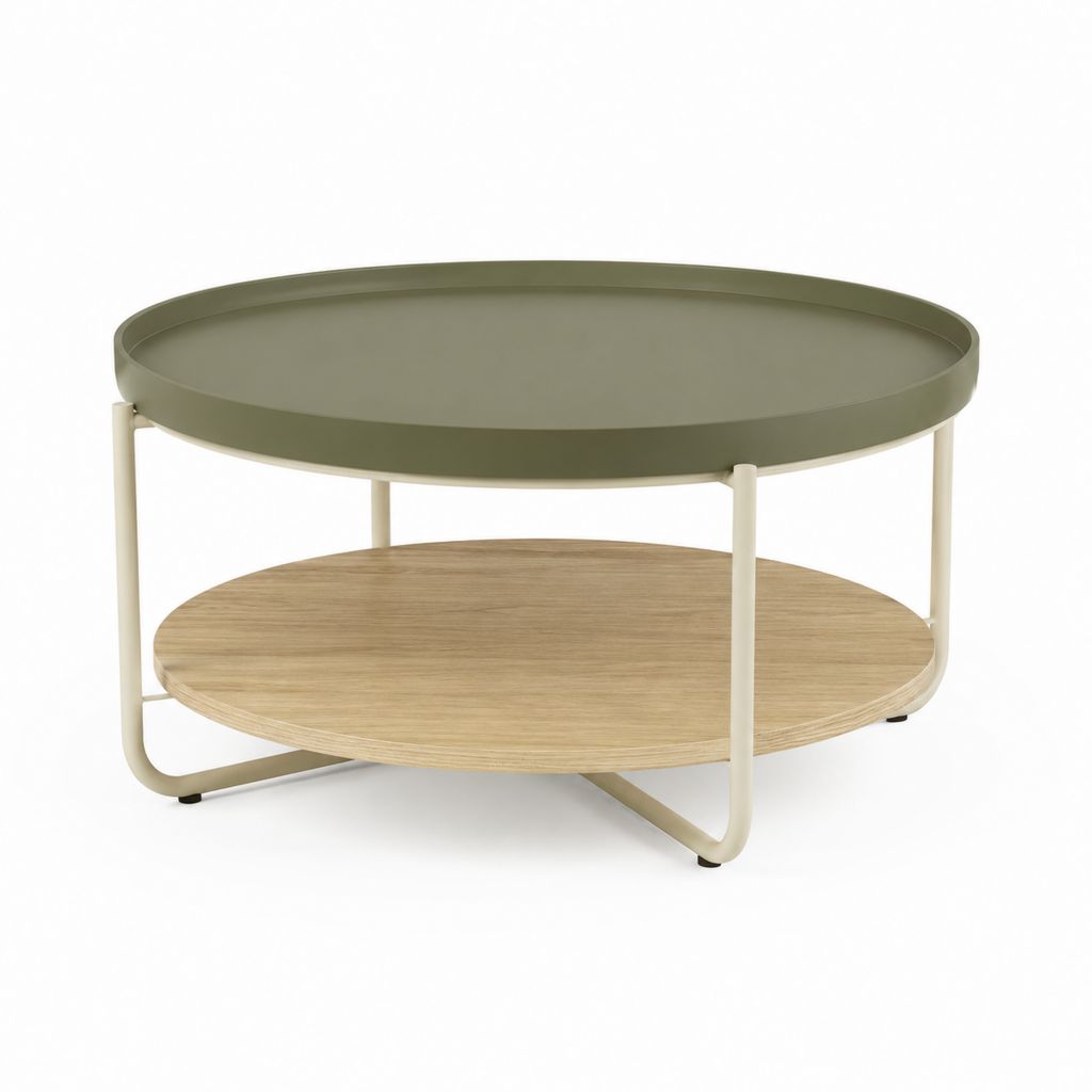 Table basse ronde vert olive et chêne avec plateau à rebord et étagère Ø 80 x H 45 cm