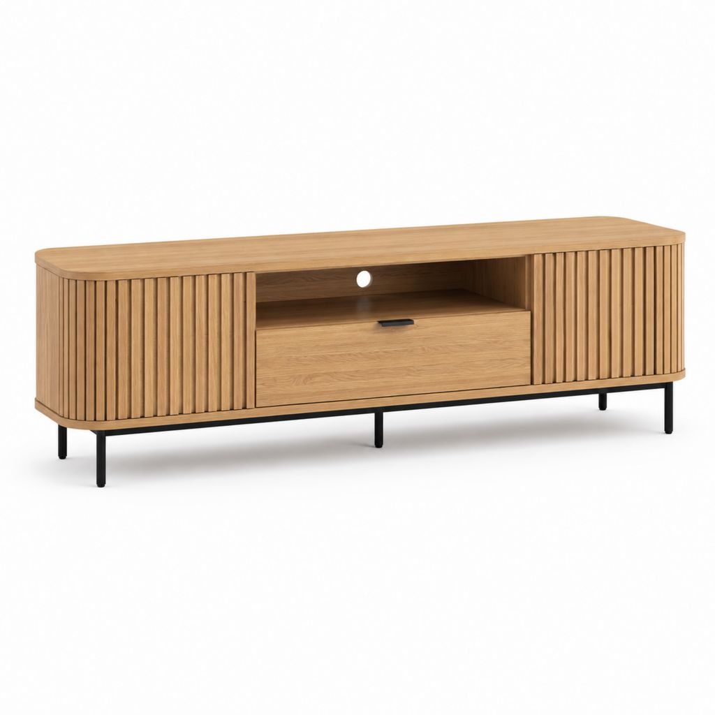 Meuble TV en panneaux MDF plaqués chêne naturel avec portes coulissantes 160 x 40 x 55 cm