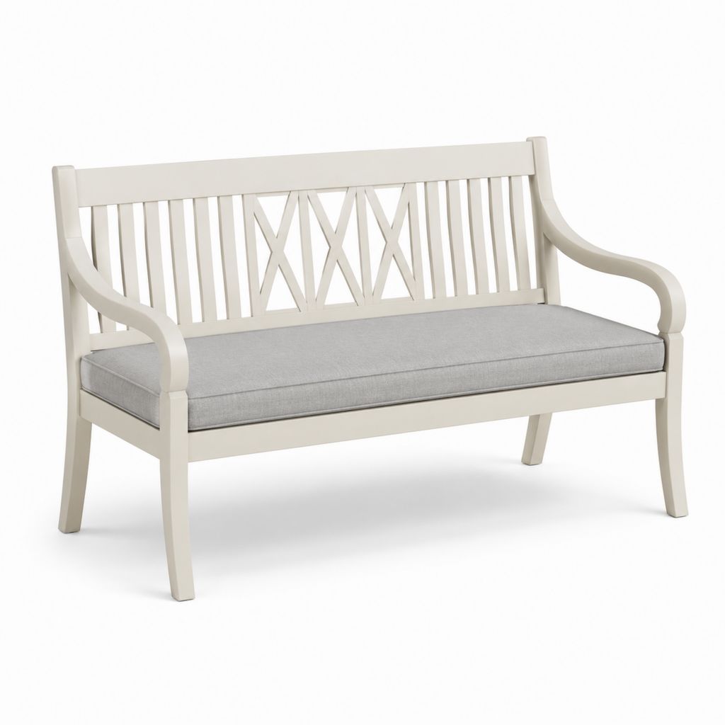 Banc de jardin 2 places blanc en bois massif avec coussin gris 120 x 65 x 90 cm