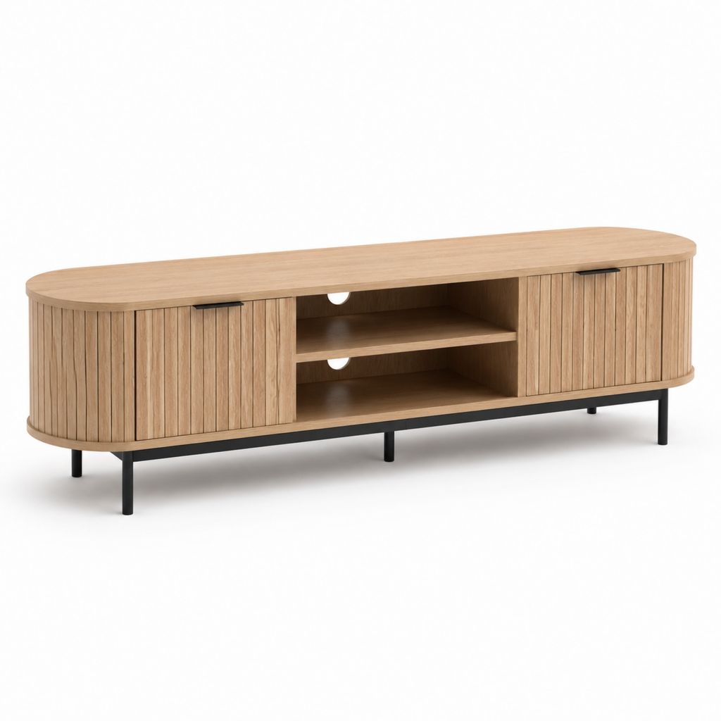 Meuble TV 2 portes chêne clair en MDF plaqué chêne forme ovale 180 x 40 x 55 cm