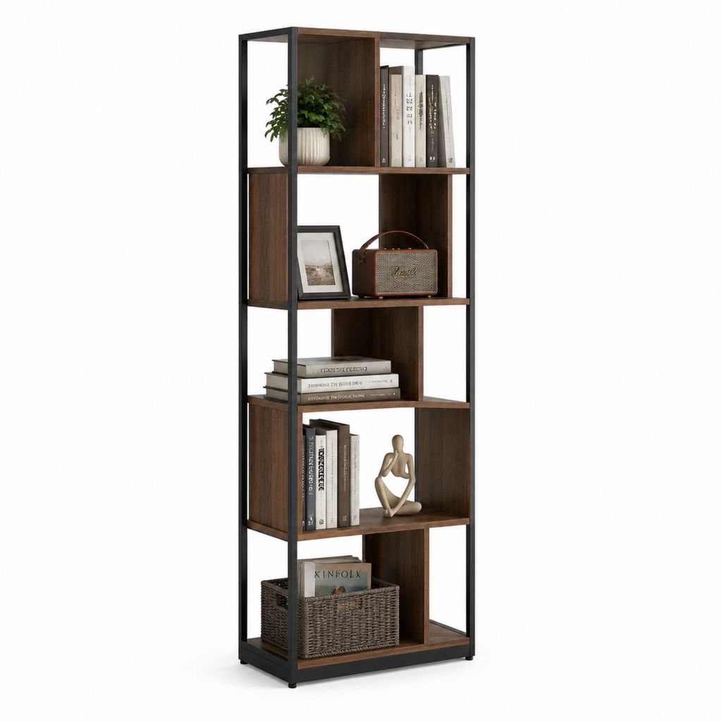 Bibliothèque 5 niveaux marron foncé et noir en panneaux MDF mélaminés et acier 60 x 30 x 180 cm