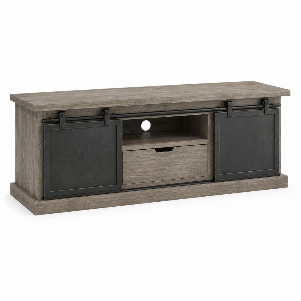Meuble TV industriel rectangulaire gris et noir en panneaux de particules 152 x 45 x 66 cm avec portes coulissantes et rangement
