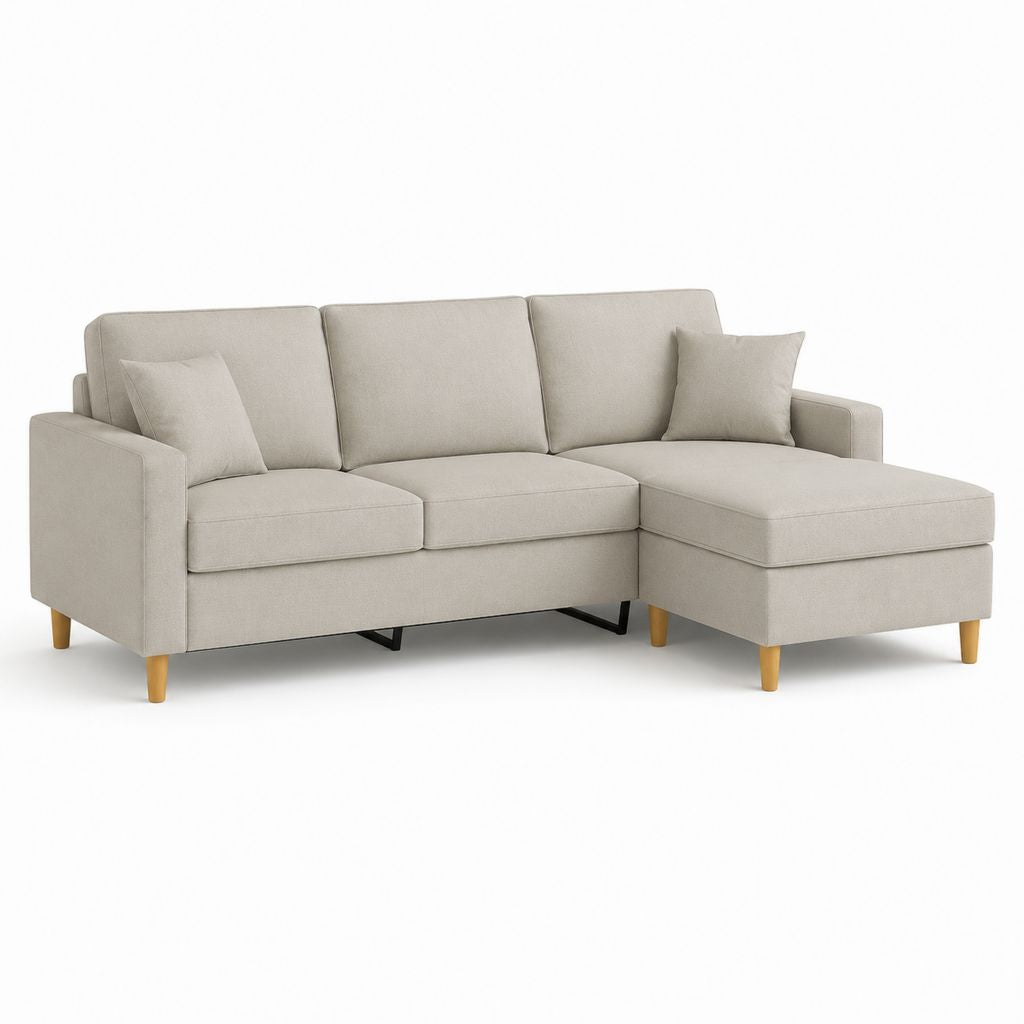 Canapé d’angle droit 3 places beige en polyester avec méridienne 230 x 150 x 85 cm