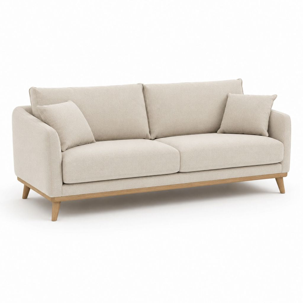 Canapé 3 places droit beige en polyester avec piètement en hêtre 210 x 90 x 85 cm