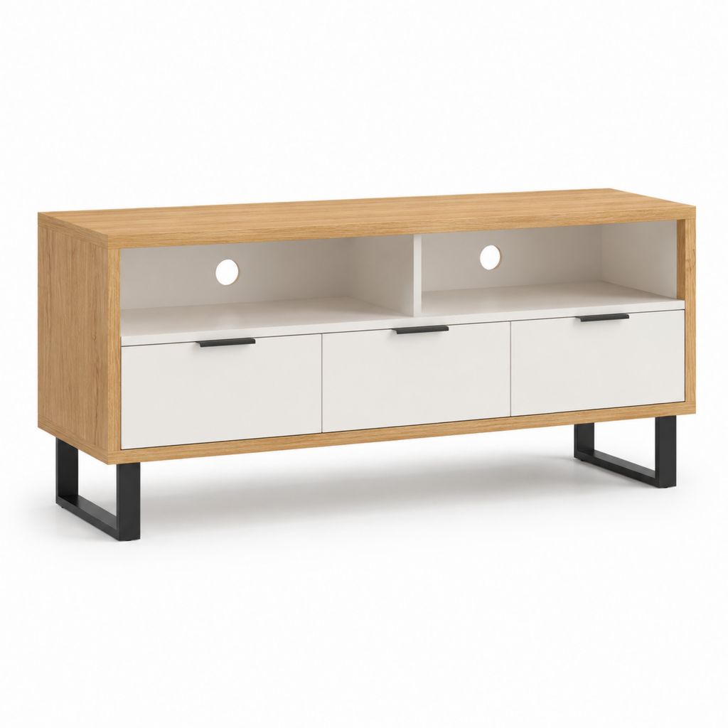 Meuble TV rectangulaire chêne et blanc en panneaux de particules 140 x 40 x 60 cm avec 3 tiroirs