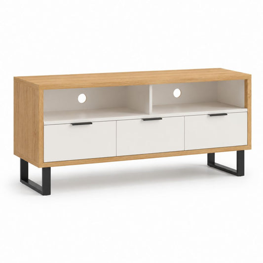 Meuble TV rectangulaire chêne et blanc en panneaux de particules 140 x 40 x 60 cm avec 3 tiroirs