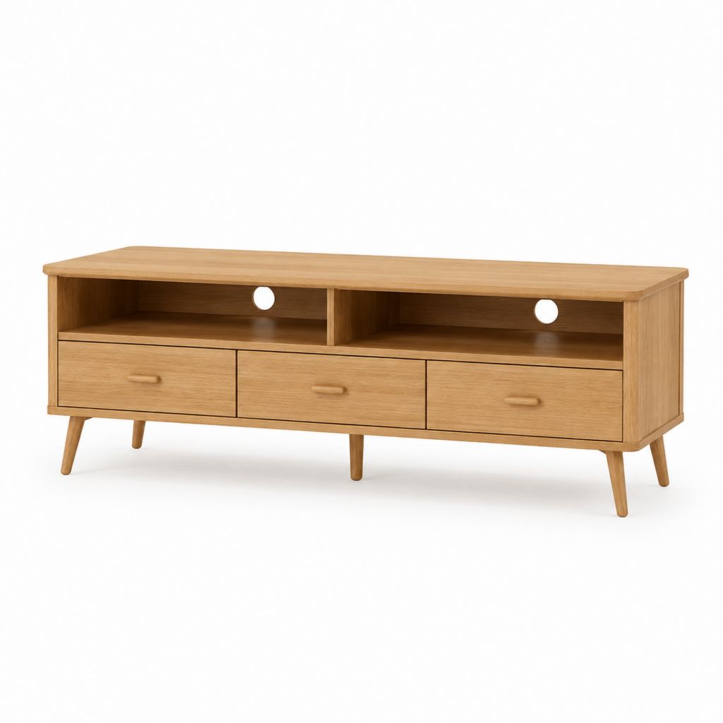 Meuble TV bas en chêne naturel avec 3 tiroirs et 2 niches 160 x 40 x 55 cm