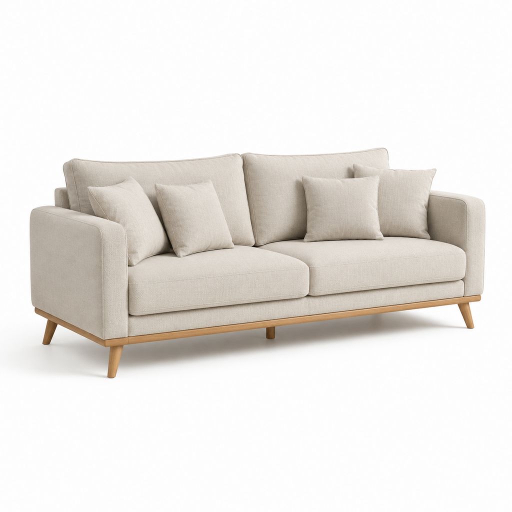 Canapé droit 3 places beige en polyester avec pieds en bois massif 220 x 92 x 86 cm