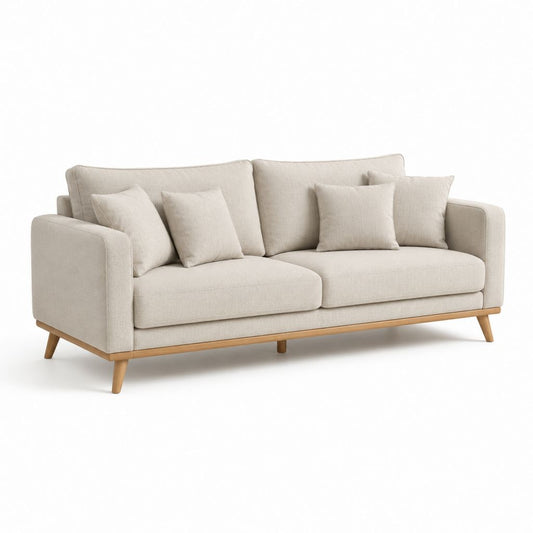 Canapé droit 3 places beige en polyester avec pieds en bois massif 220 x 92 x 86 cm