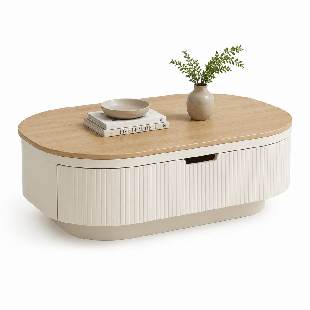 Table basse ovale avec rangement blanc et chêne clair en MDF 120 x 60 x 45 cm