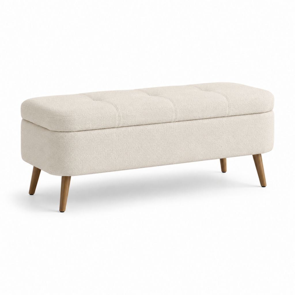 Banc de bout de lit capitonné beige en polyester et bois massif rectangulaire 120 x 40 x 45 cm