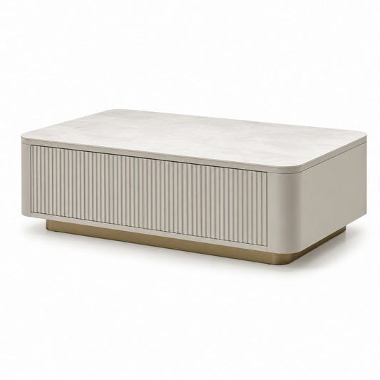 Table basse rectangulaire blanc cassé en panneau MDF avec plateau effet pierre 120 x 60 x 40 cm
