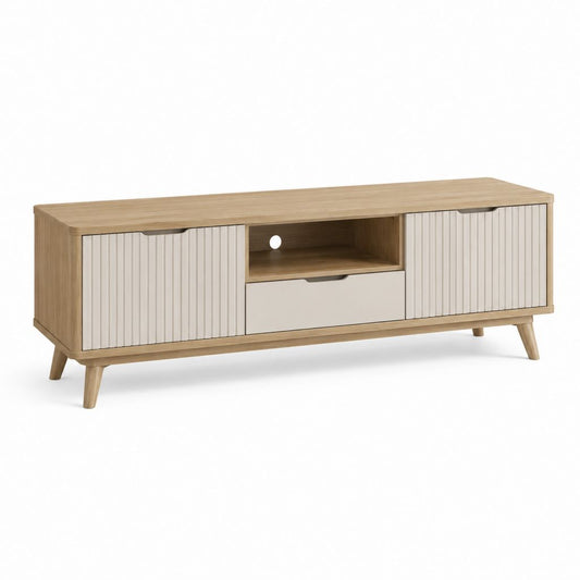 Meuble TV rectangulaire chêne clair et crème en panneaux de particules 160 x 40 x 55 cm
