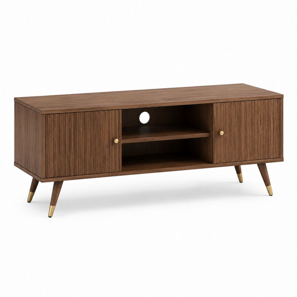 Meuble TV noyer en MDF 140 x 40 x 60 cm avec 2 portes et passe-câble