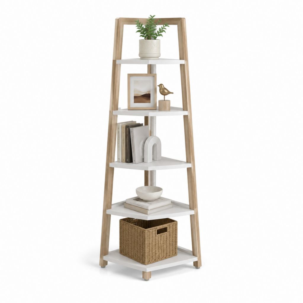 Étagère bibliothèque échelle blanc et chêne massif 5 niveaux trapézoïdale 60 x 35 x 170 cm