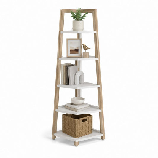 Étagère bibliothèque échelle blanc et chêne massif 5 niveaux trapézoïdale 60 x 35 x 170 cm