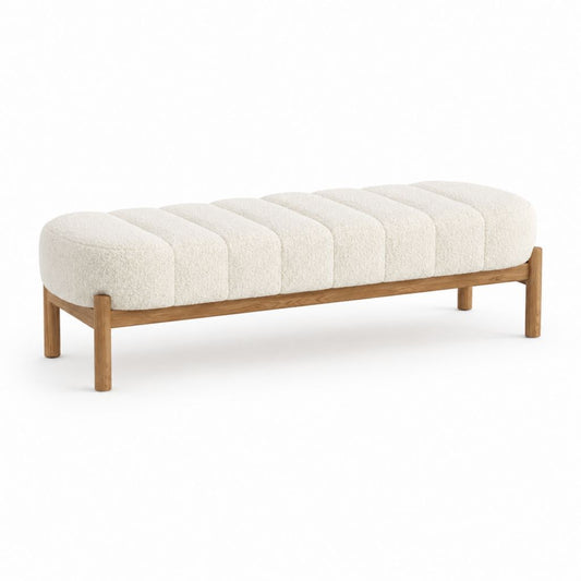 Banc de bout de lit crème en polyester bouclé et bois massif 140 x 45 x 45 cm