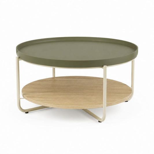Table basse ronde vert olive et chêne avec plateau à rebord et étagère Ø 80 x H 45 cm
