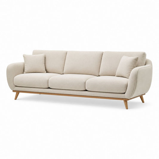 Canapé 3 places beige en polyester avec pieds en bois massif 220 x 90 x 85 cm