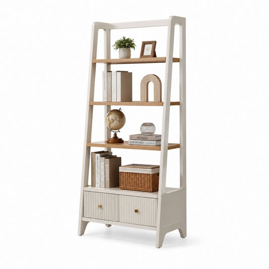Bibliothèque échelle 4 étagères avec 2 tiroirs blanc et décor chêne 80 x 35 x 190 cm