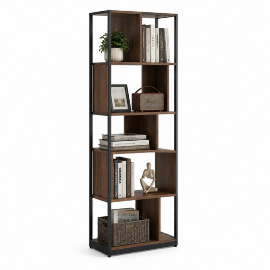 Bibliothèque 5 niveaux marron foncé et noir en panneaux MDF mélaminés et acier 60 x 30 x 180 cm