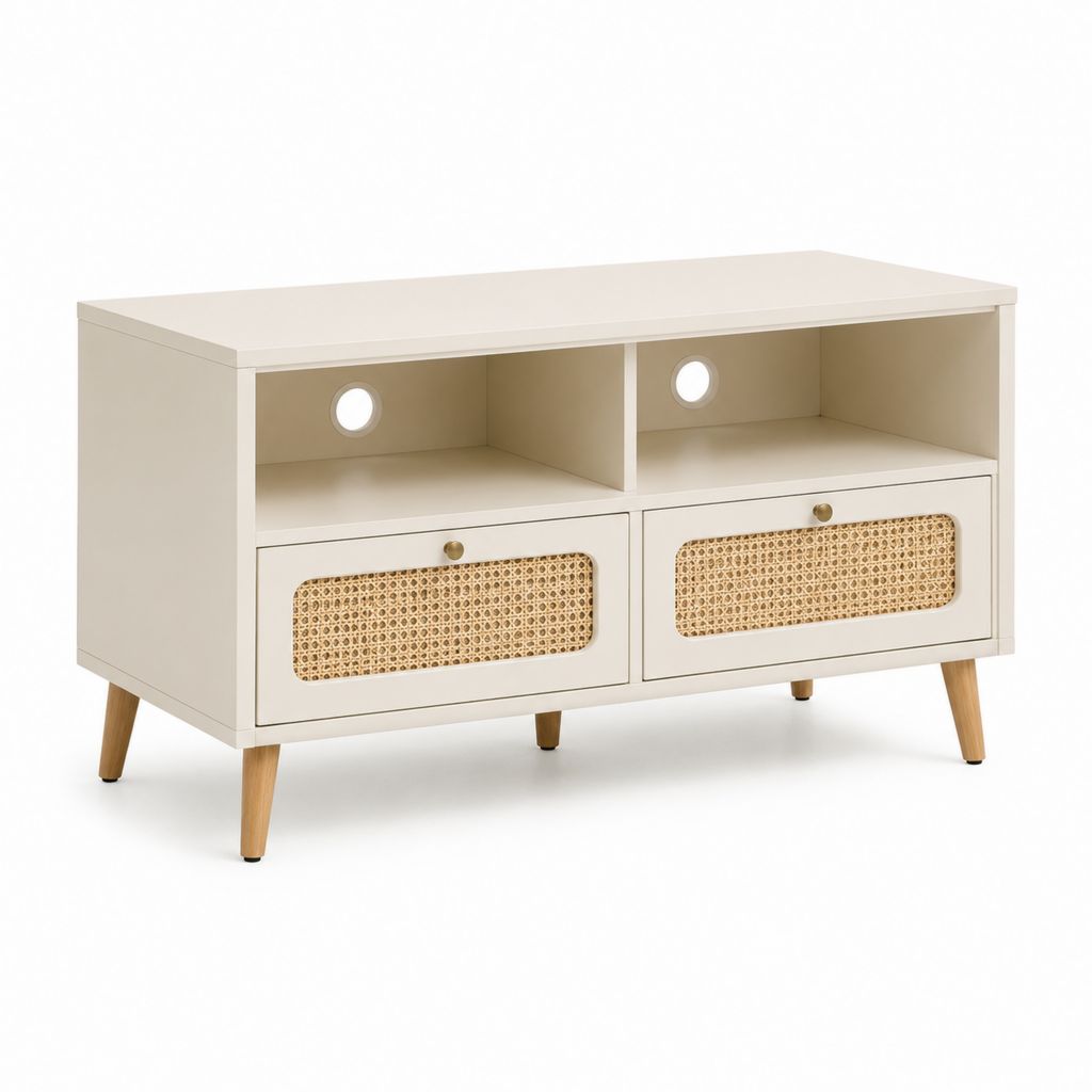 Meuble TV blanc en MDF et cannage de rotin 120 x 40 x 60 cm avec 2 tiroirs et 2 niches