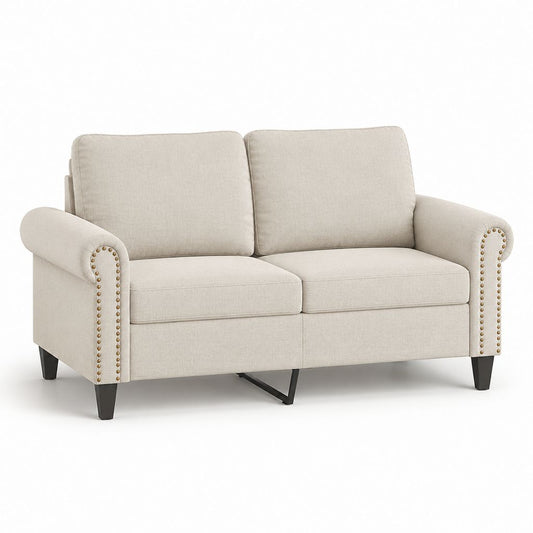 Canapé 2 places rectangulaire beige en polyester avec clous décoratifs 160 x 90 x 88 cm