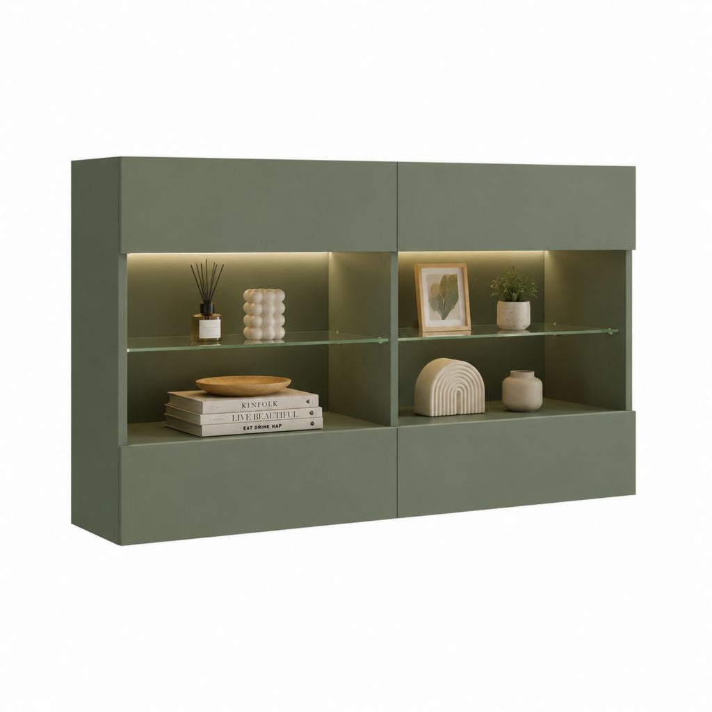 Meuble TV mural vert kaki en MDF avec étagères en verre et éclairage LED 180 x 40 x 120 cm