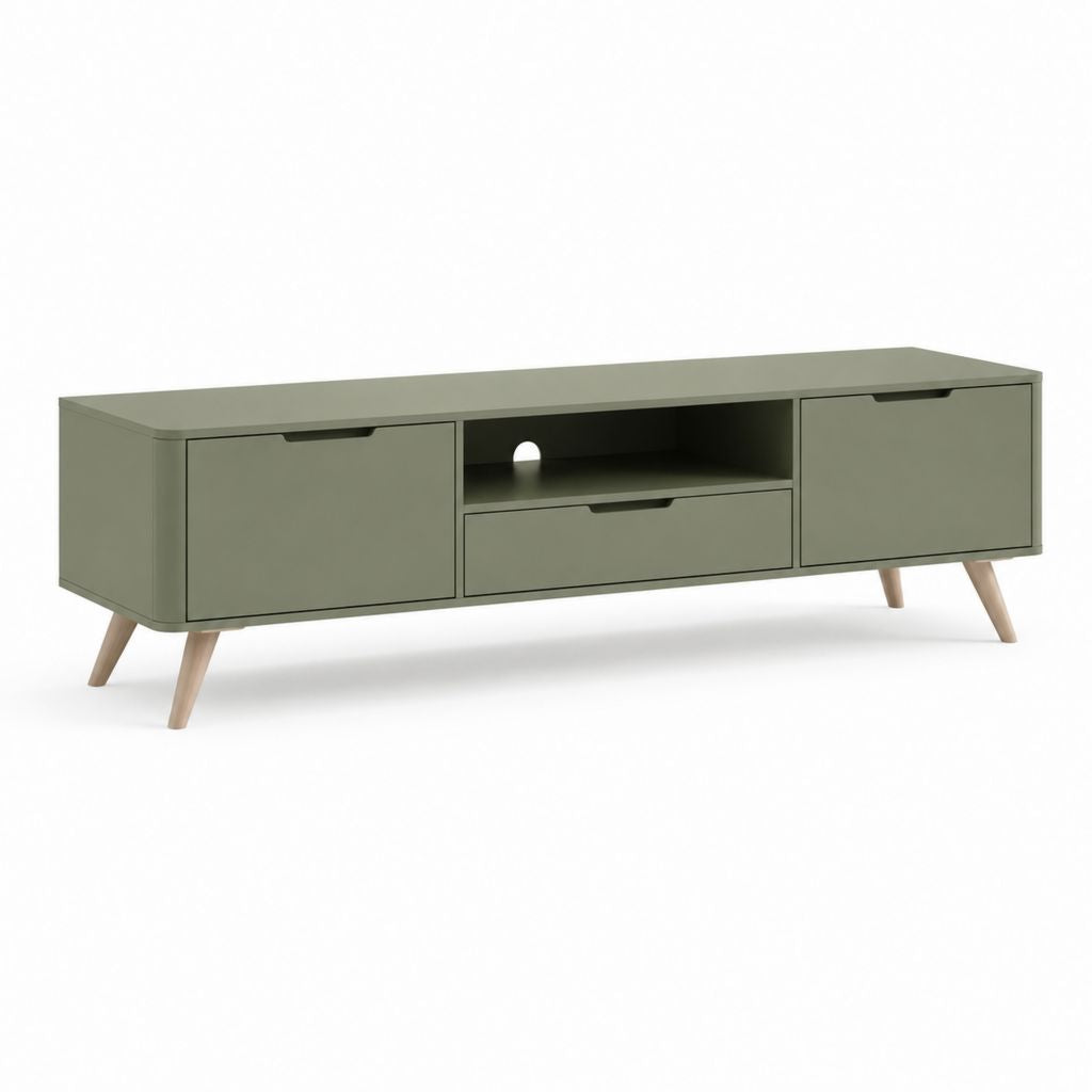 Meuble TV rectangulaire vert kaki en panneaux MDF avec pieds en hévéa massif 180 x 40 x 55 cm