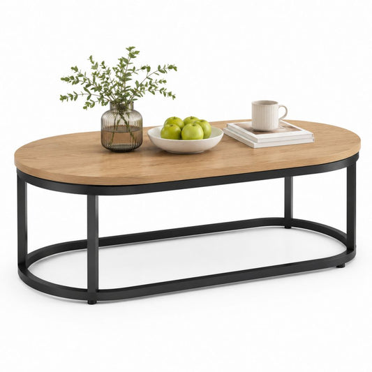 Table basse ovale chêne clair et acier noir 100 x 60 x 45 cm