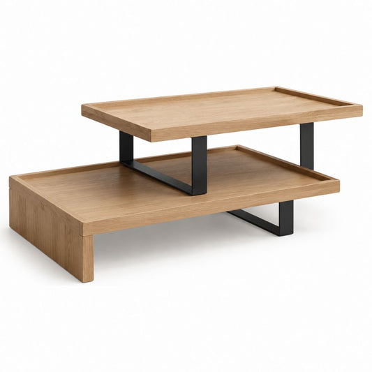 Table basse à deux niveaux en chêne clair et acier noir rectangulaire 100 x 60 x 45 cm