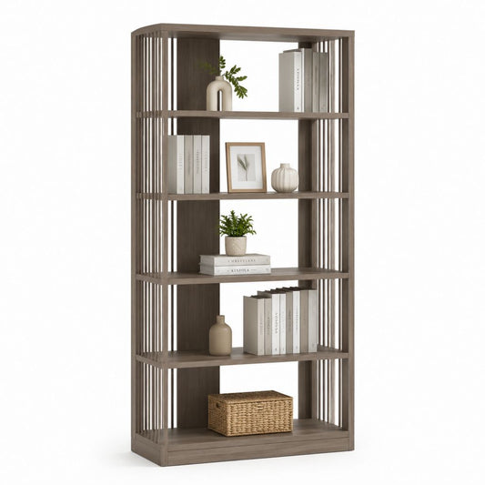 Bibliothèque ouverte 5 niveaux marron taupe en panneaux de particules 80 x 30 x 180 cm