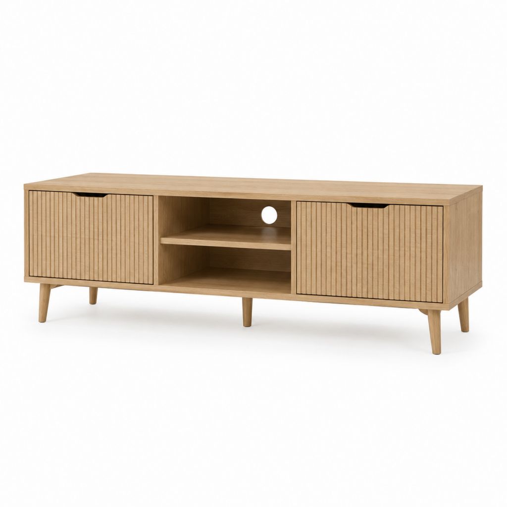 Meuble TV 160 cm chêne clair en MDF plaqué chêne avec 2 portes et niche centrale